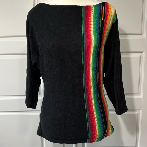 Striped Serape Knit Top Colorful Accent 3/4 Sleeve Boat Neck Pullover - Picture 2 of 8